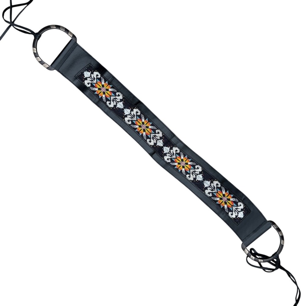 Vintage Style Black Leather Wide Beaded Cinch Belt Southwestern Boho Floral L